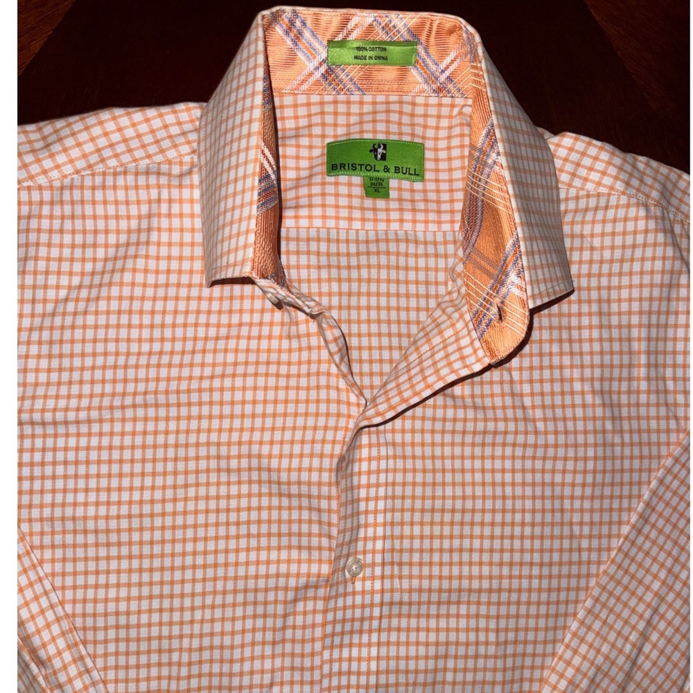 Bristol & Bull Mens XL Orange Gingham Dress Shirt Cotton Preppy Business Casual